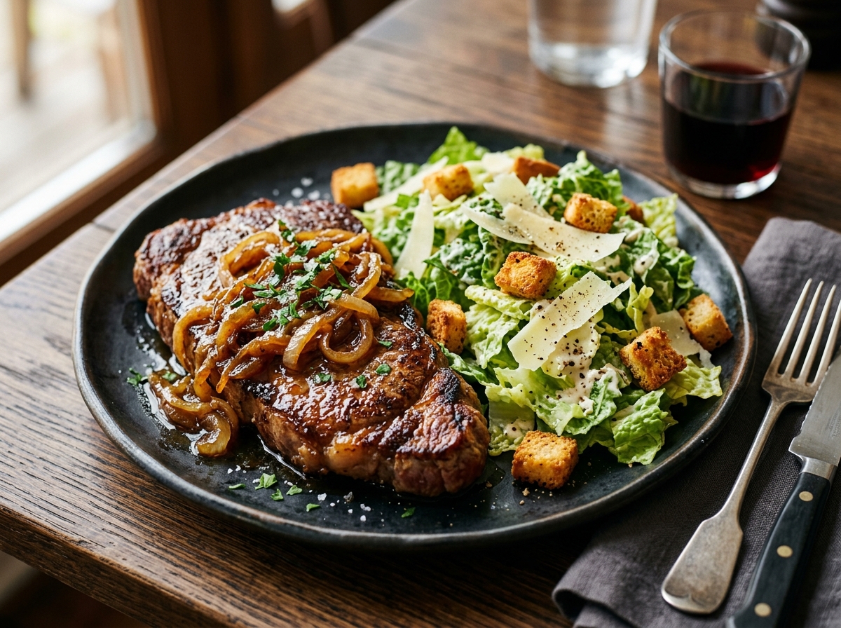 Bife Acebolado com Salada Caesar de Acompanhamento
